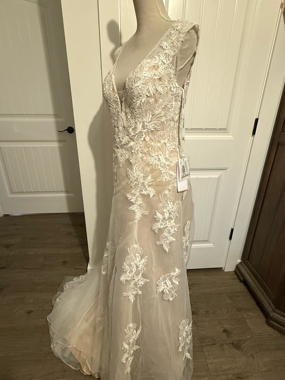 JJs House Ivory Lace A-Line V-Neck Wedding Dress with Champagne Underlay - Picture 3 of 6